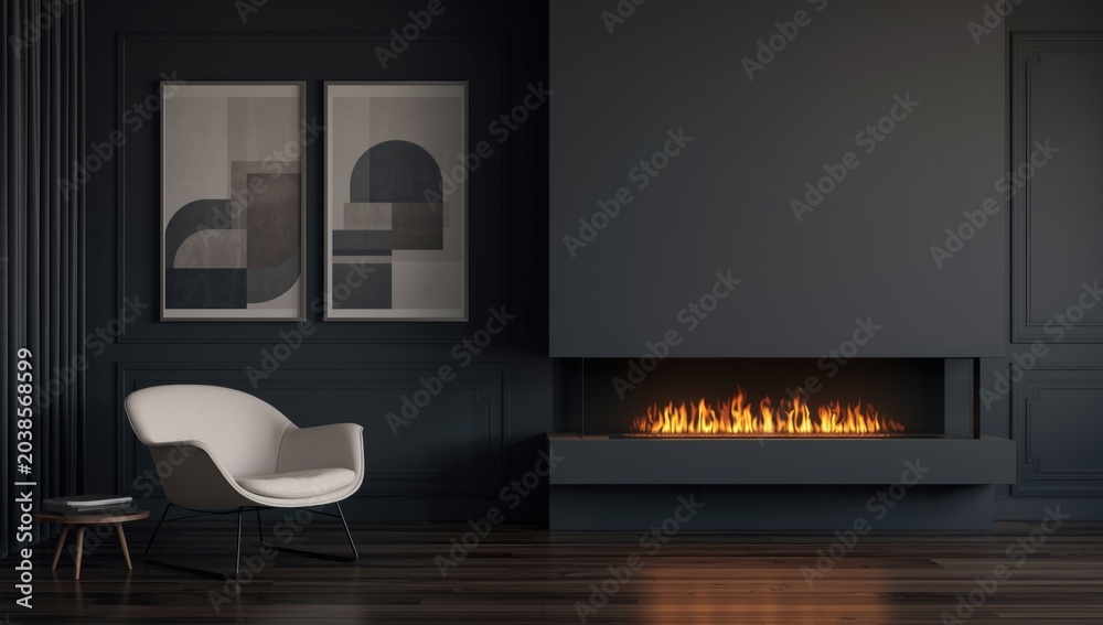 Fototapeta premium Dark gray living area decorated with vertical poster art, soft white armchair, and a contemporary fireplace setup