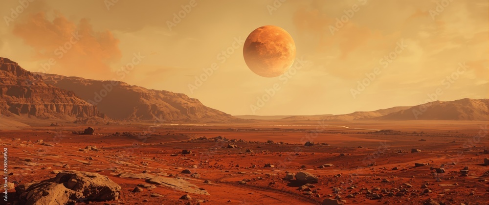 Obraz premium Fantastic illustration of barren red Mars landscape with orange planet and mountains