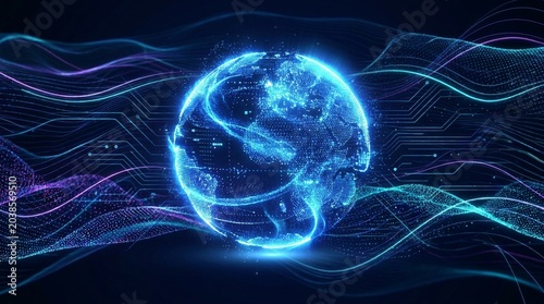 Abstract Blue Sphere Digital — Abstract Glowing Sphere of Blue and Purple Energy, Futuristic Plasma Orb Made of Light Particles in Empty Dark Space for Technology and Brand Visuals