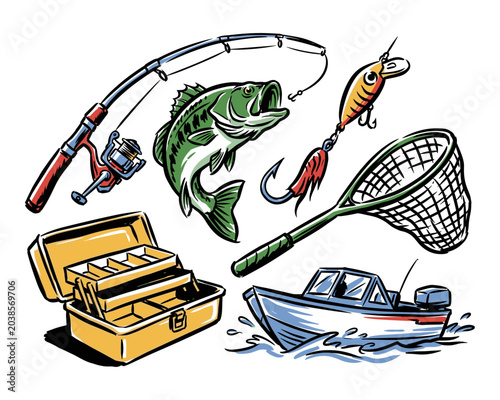 Fishing adventure set vector. Bass fish tackle box design. Fishing rod and boat graphic. Vintage fishing club artwork. Outdoor sport tshirt design.