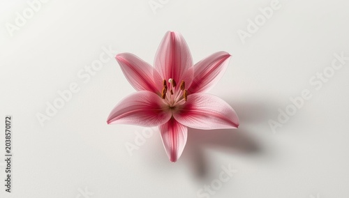 Fresh pink lily bloom centered on plain white surface