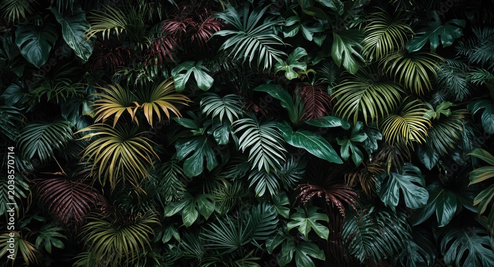 Fototapeta premium Dense tropical plant wall with diverse leaf textures and vibrant hues for nature design