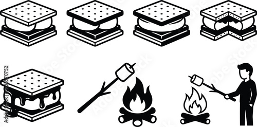 Foto Collection of vector illustrations depicting s'mores, marshmallows roasting over a campfire, and outdoor cooking scenes