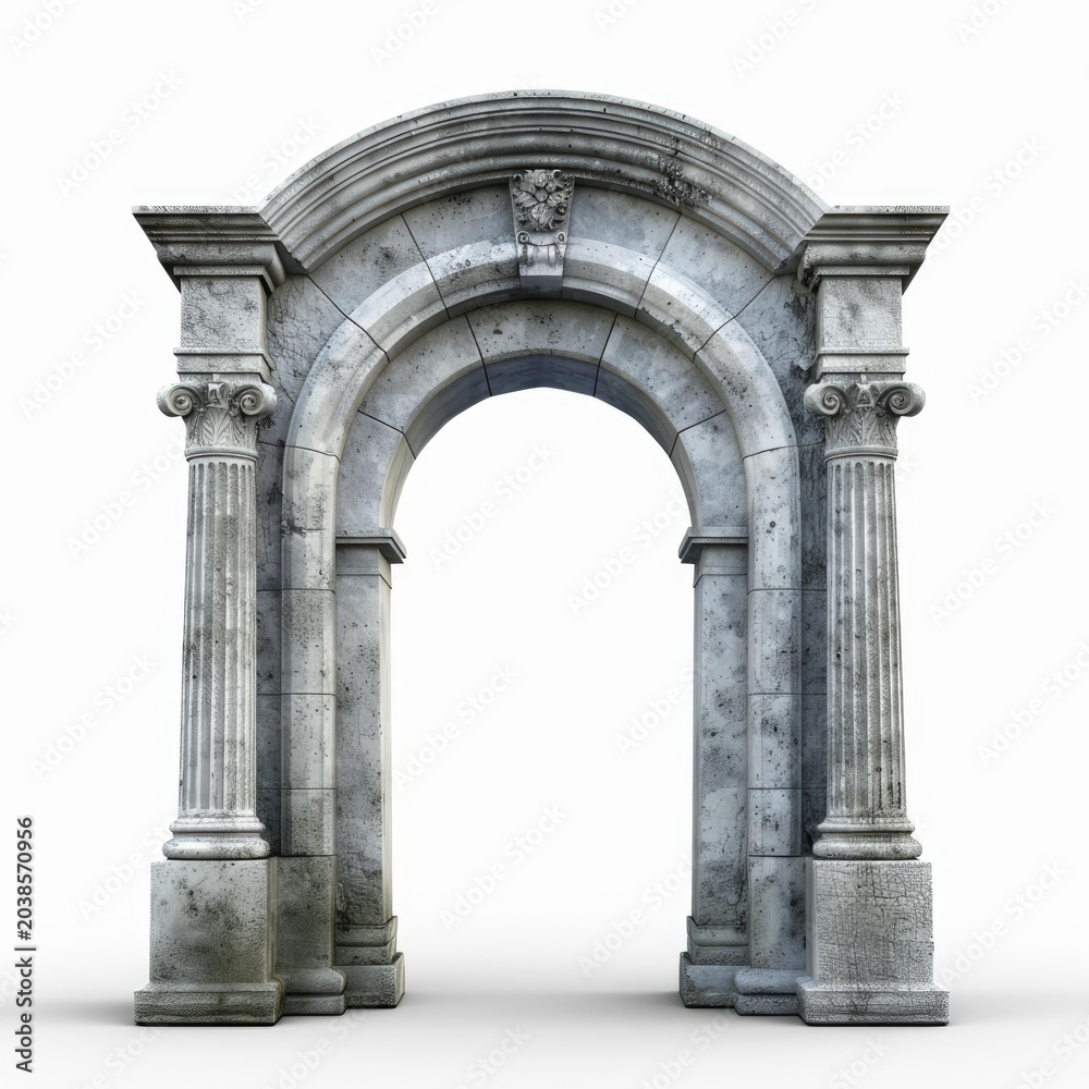 Naklejka premium Ancient stone archway with weathered textures is standing on a white background