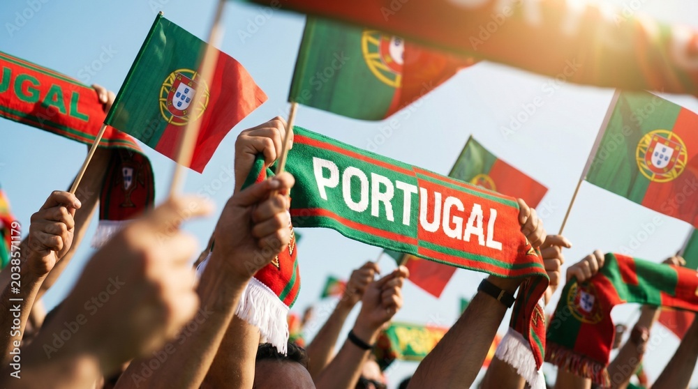 Naklejka premium Adeptos Portugueses em Festa a Celebrar uma Grande Vitória no Futebol, Erguendo Bandeiras e Cachecóis Após uma Conquista Histórica.