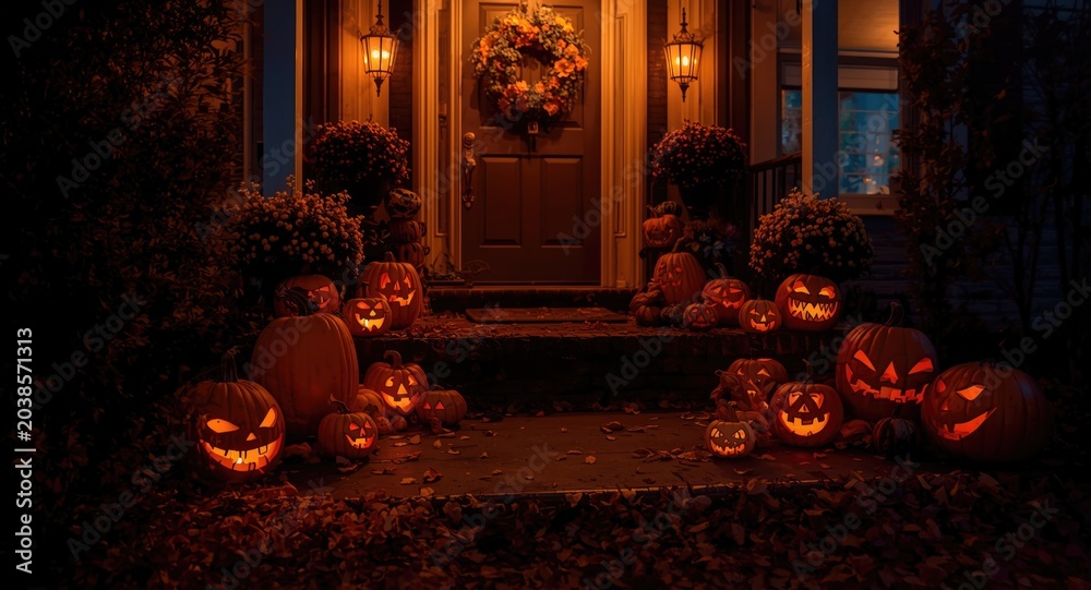 Obraz premium Festive front porch decorated with glowing Halloween pumpkins