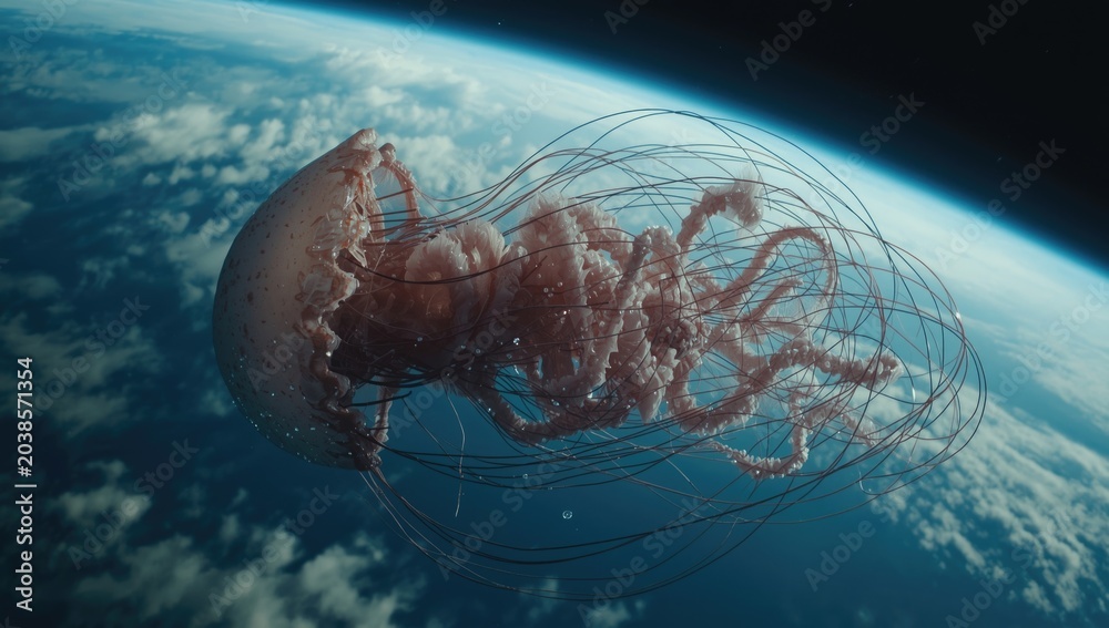 Obraz premium Giant jellyfish alien creature depicted in space with realistic cloud textures