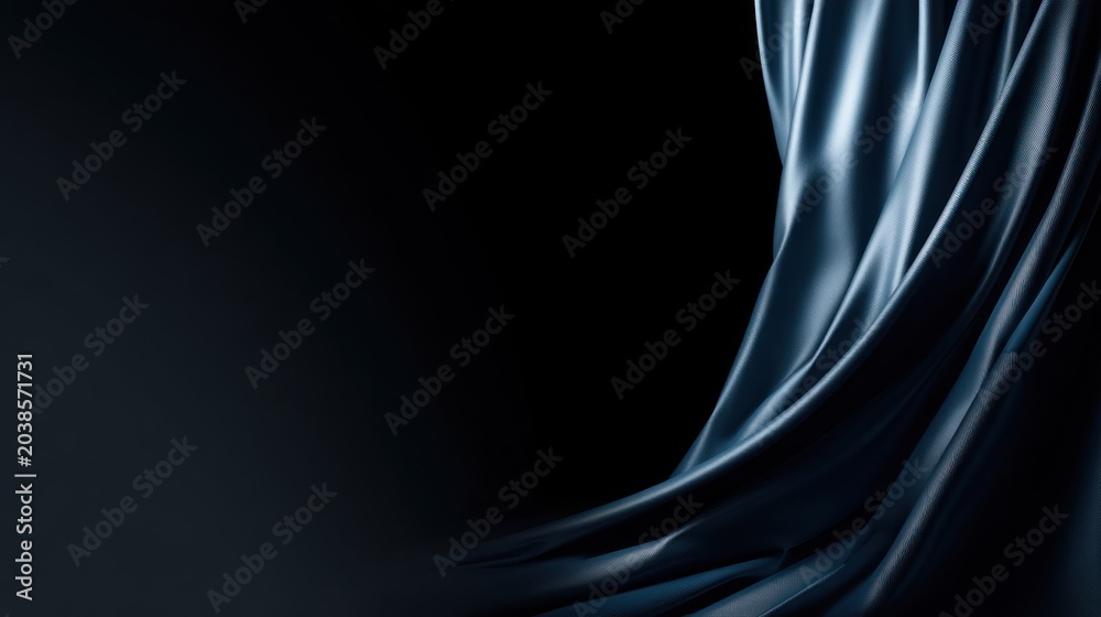 Naklejka premium Flowing drapery of dark, lustrous fabric cascades against a deep black background.