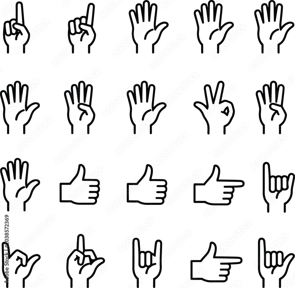 Obraz premium Hand gestures icon set line art illustrations of common hand signals