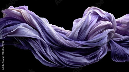 Flowing luxurious fabric cascades with intricate purple and white coloration against a solid dark background