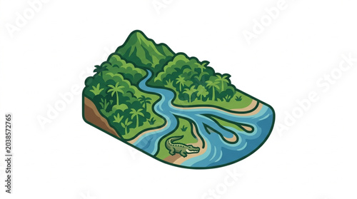 Schilderij op canvas Cross section of a lush tropical river delta ecosystem.