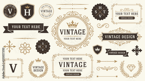 Foto Vintage Logo Badge Label Editable Vector Set with Ornamental Frames Crowns Ribbo