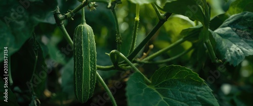 Fresh cucumber emerging from a vine entwined with rich green plant leaves