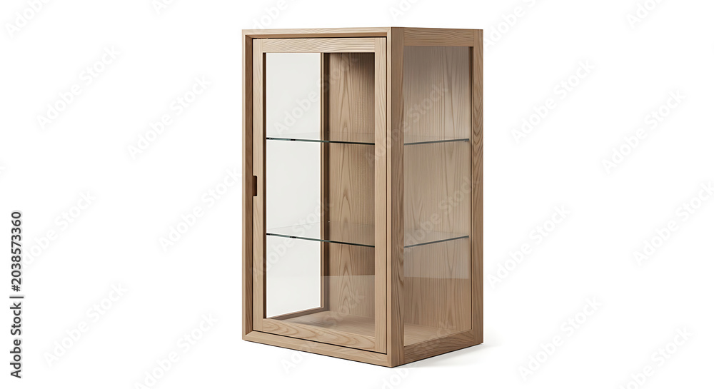 Obraz premium Elegant wooden display cabinet with glass doors, isolated on white background