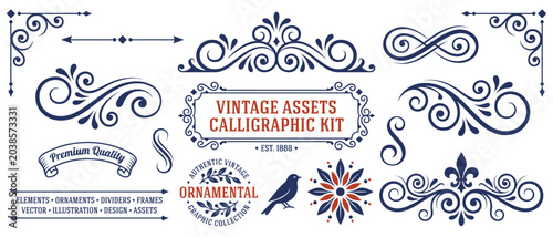 Bilde på lerret Vintage Calligraphic Ornament Kit Editable Vector Set with Flourishes Dividers F