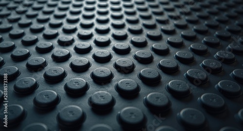 Detailed close up of a rubber mat featuring raised circular grips for enhanced safety in commercial environments