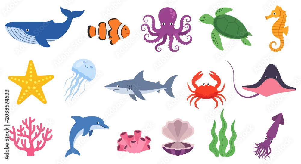 Obraz premium Vibrant Collection of Diverse Marine Animals and Sea Creatures in Cartoon Style.