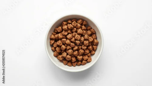 Fototapeta na wymiar Dry pet food served in a white ceramic bowl resting on a uniform white background with copy space