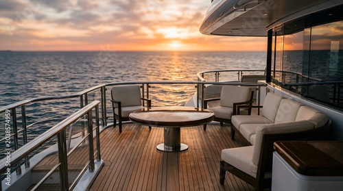 Luxury Yacht Deck at Golden Hour Sunset Over Calm Ocean