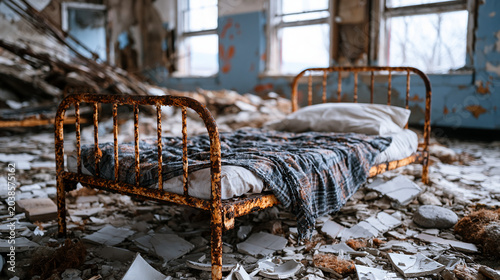 Desolate rural hospital ward retains original iron bedsteads amid collapsed plaster ceiling debris, institutional ceramic floor tiles lifting under frost action, window frames rotted away leaving op