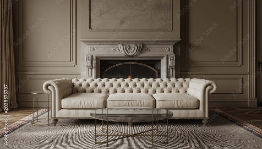 Obraz premium elegant living room with a classic fireplace, tufted couch, and glass top coffee table