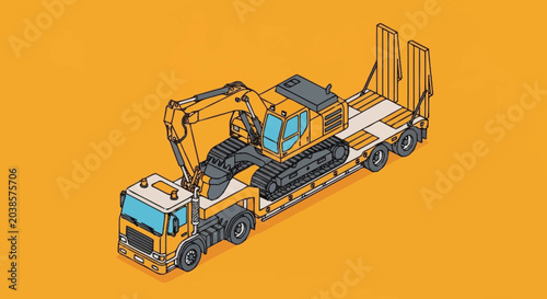 Photography Truck transporting heavy machinery equipment.