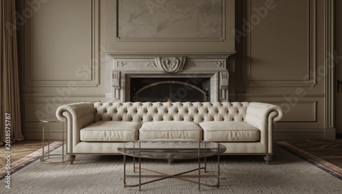 elegant living room with a classic fireplace, tufted couch, and glass top coffee table