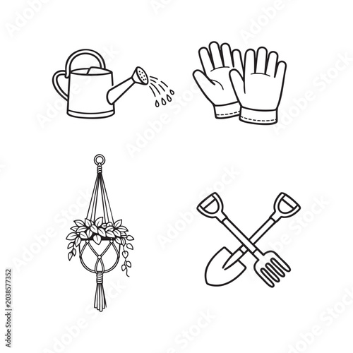 Minimalist Gardening Tools Icon Set Vector.including watering can, gloves, hanging plant holder, shovel, and rake.