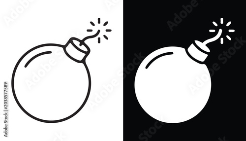 Foto Bomb Icon Set: A simple and graphic representation of a bomb, complete with a lit fuse, depicted in both black and white outline and solid silhouette forms for versatile design applications