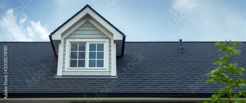 Focused view of a gabled dormer window set on a sharply pitched roof of a recently finished house