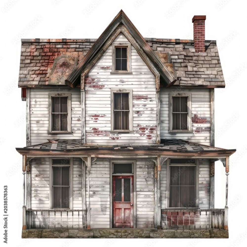 Naklejka premium Old abandoned house is slowly falling apart, with boarded up windows and peeling paint