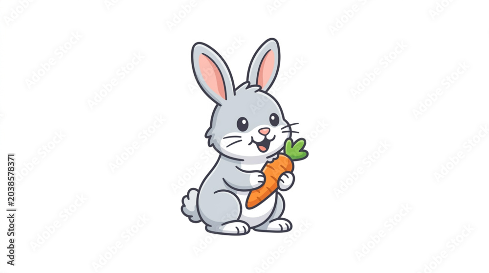 Fototapeta premium Cute cartoon bunny rabbit holding a fresh carrot.