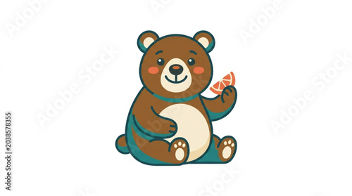 Valokuva Cute cartoon bear sitting and holding a piece of food.