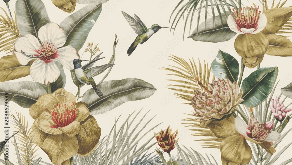 Obraz premium Hand illustrated vintage floral design with gold hibiscus and protea flowers paired with tropical banana and palm leaves plus hummingbirds
