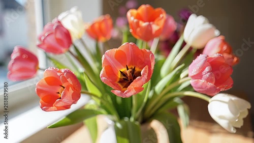 Vibrant tulip bouquet in natural sunlight near window