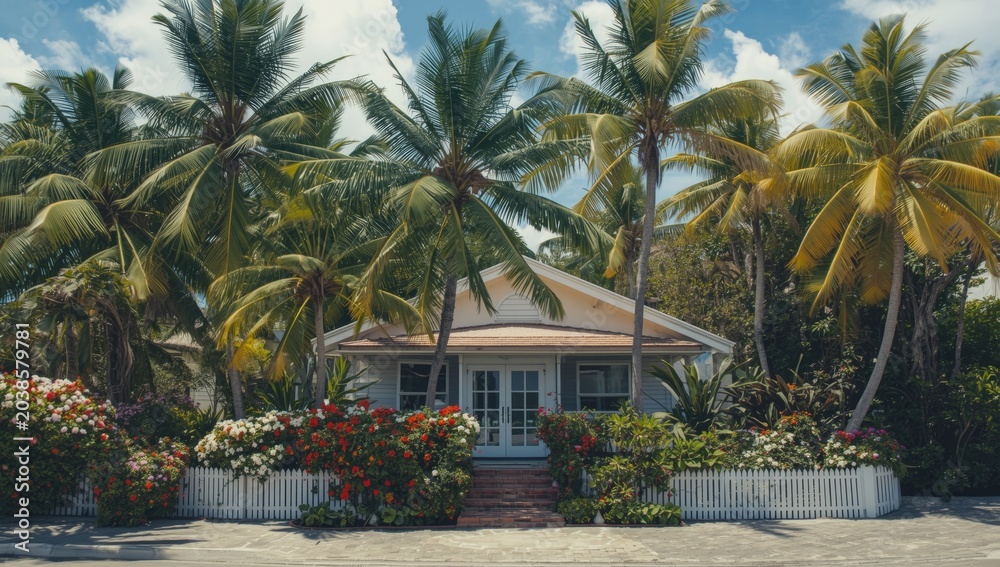 Fototapeta premium gouache art of a seaside house bordered by palm and coconut trees with bright flowers