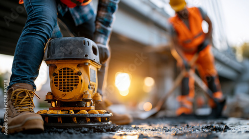Road crew compacting asphalt with a vibrating plate compactor while another worker levels tarmac with a shovel near a bridge project, asphalt compaction, teamwork, road workers, bridge