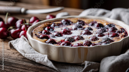 Homemade cherry clafoutis tart sprinkled with powdered sugar in a ceramic baking dish, rustic wooden table background. AI generated