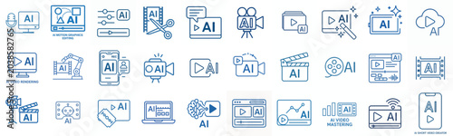 Line art AI video editing vector icon blue color