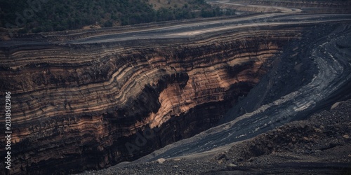 Dramatic stratified landscape highlighting rich ore veins in an exposed iron ore open pit mine