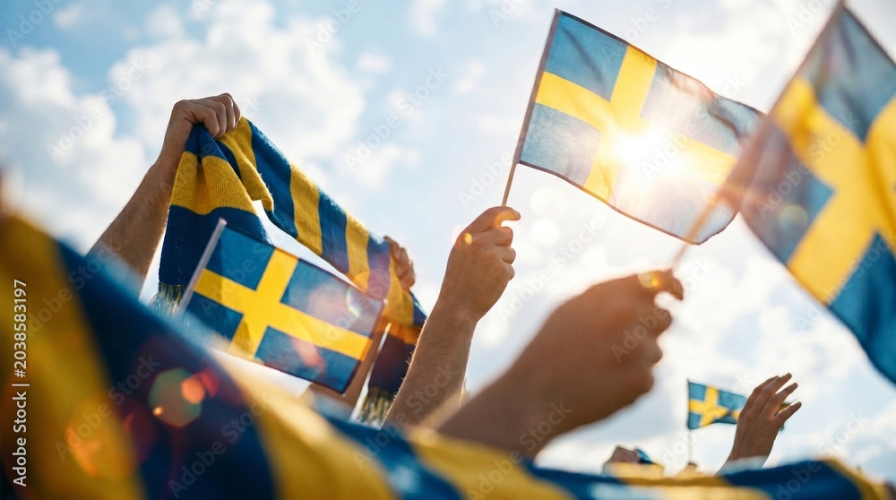Fototapeta premium Swedish Football Fans Celebrating a Historic Victory with Trophy, Flags, Scarves, and Viking Helmets After Becoming International Champions.