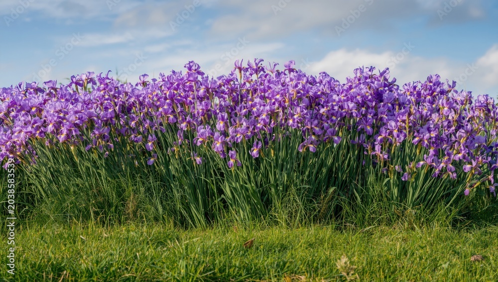 Fototapeta premium Dense clusters of violet iris plants blooming brightly over a green grass lawn in nature