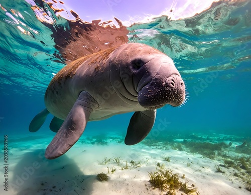 A large aquatic mammal swims underwater near the ocean floor