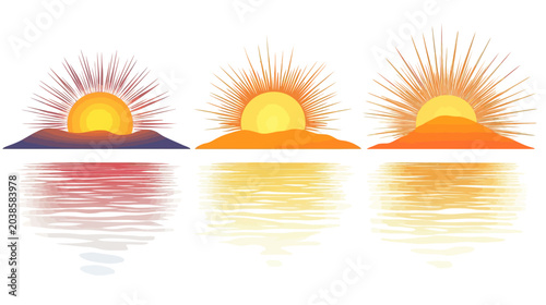 Three stylized sunsets with vibrant color palettes, reflecting in water. Simple, digital illustration