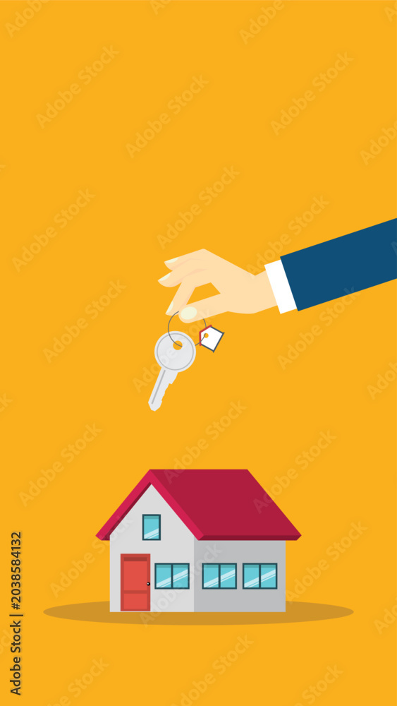Naklejka premium Hand holding key over the house. Buying house vector 