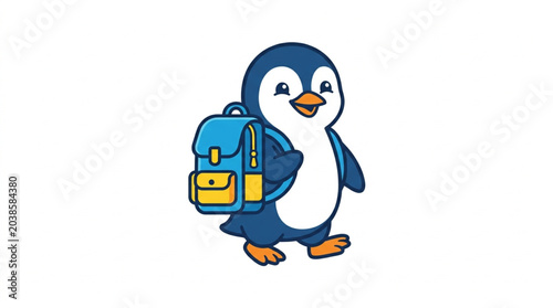 Photos Cute cartoon penguin with a blue backpack walking.