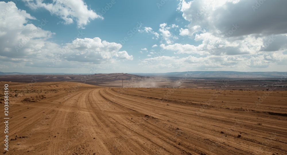 Obraz premium Expansive dirt terrain with rolling hills and cloud filled sky highlighting open land for development potential