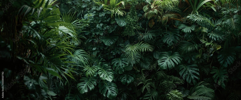 Fototapeta premium Exotic leaf covered vertical garden with dense green plant arrangement