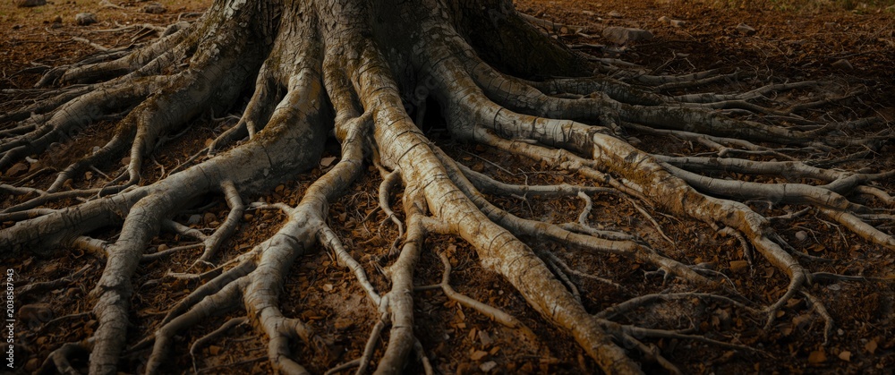 Fototapeta premium Detailed image of large tree roots spreading underground