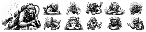 Quadro su tela Scuba divers set in vintage engraving style, underwater swimming ocean explorati